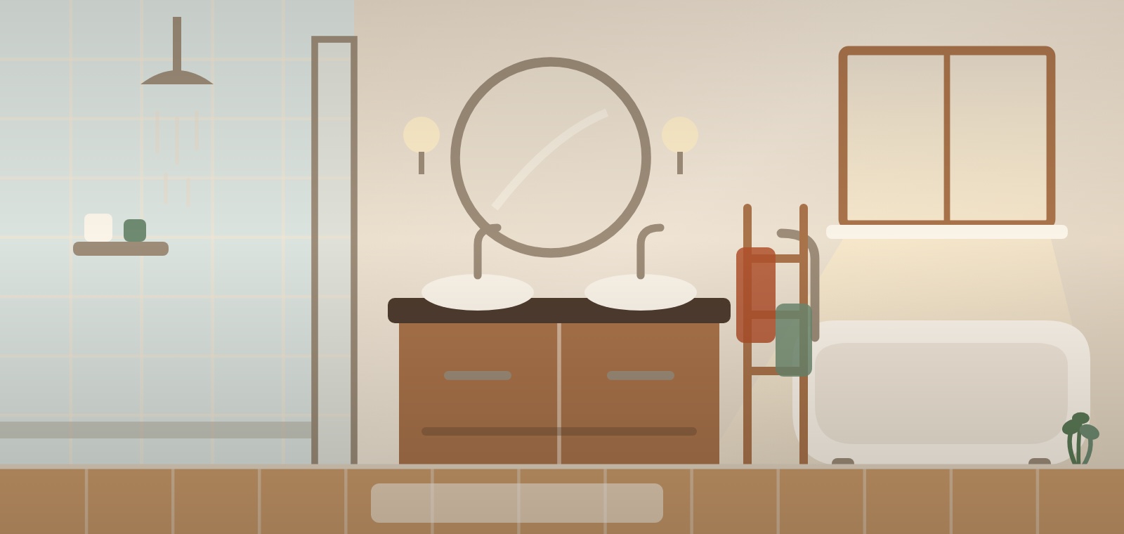 A bathroom with a tiled shower, a freestanding tub, a double vanity under a round mirror and a plant