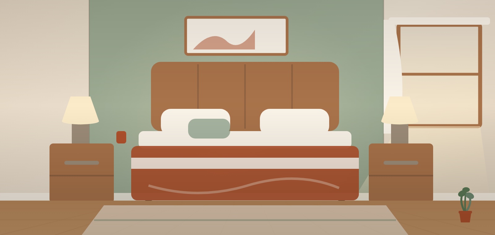 A bedroom with an upholstered headboard, two nightstands and lamps, a deep colored wall and a rug