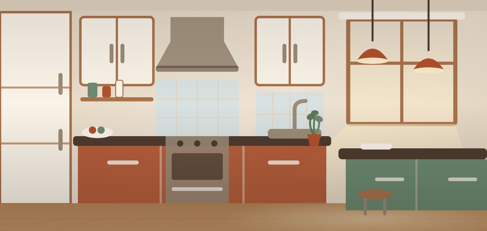 A kitchen with a tiled backsplash, a range under a hood, an island with pendant lights and a wood floor