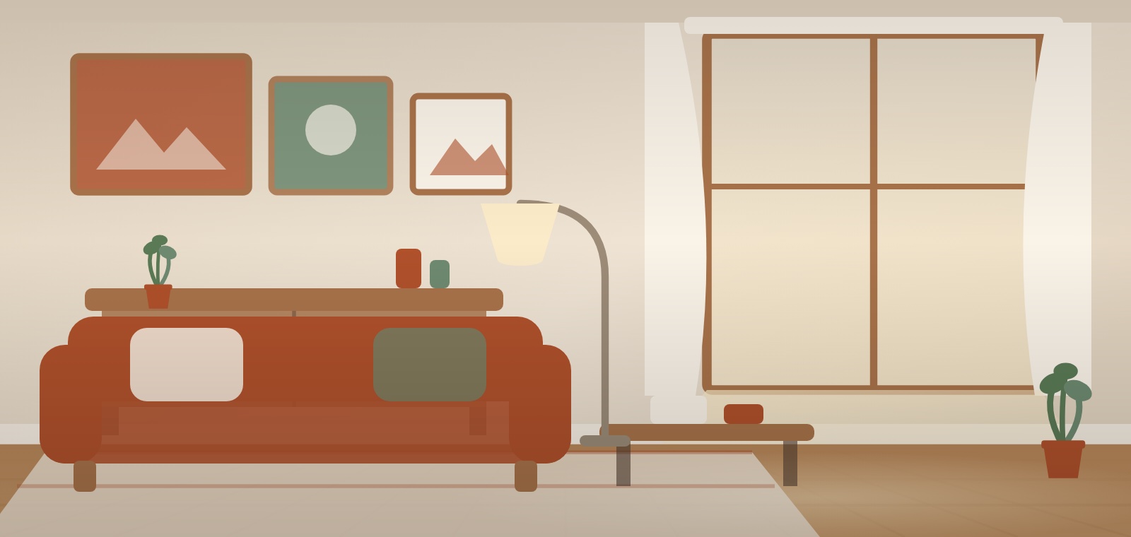 A living room with a sofa, a rug, a low table, a tall window and a wall of art