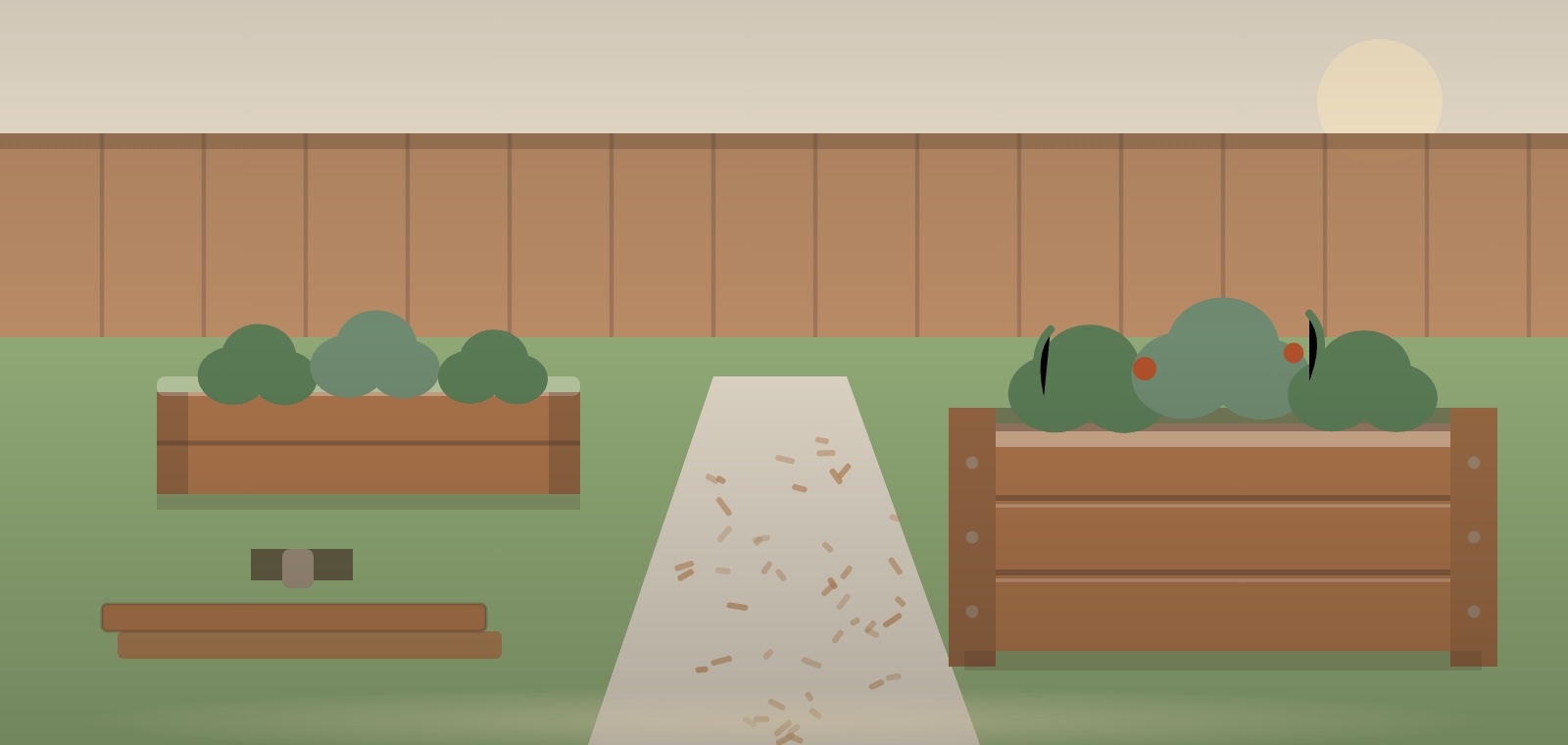 Two cedar raised beds with visible board courses, planted and set on a gravel path